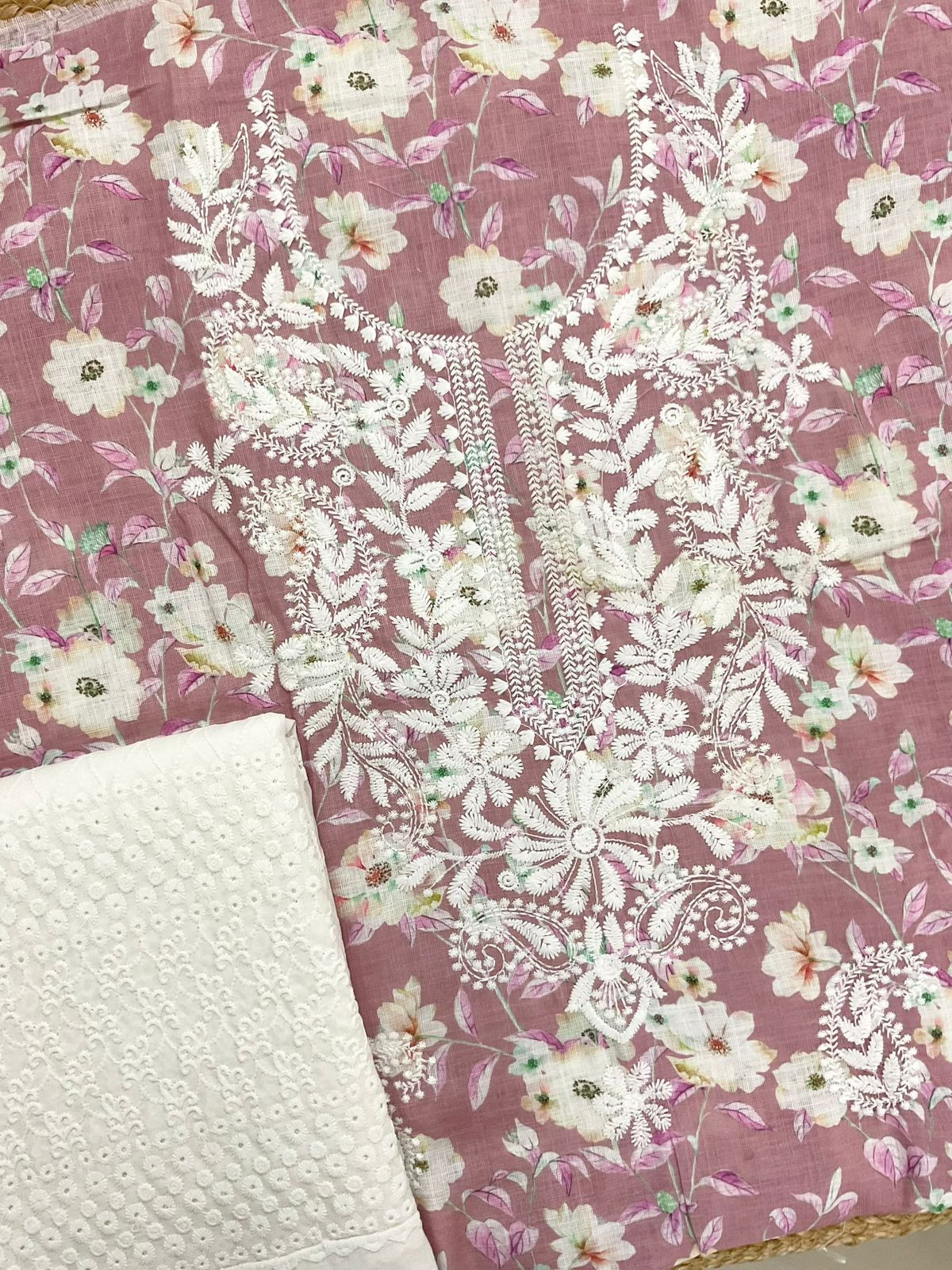 Soft Linen Jute Cotton Printed Embroidered Suit - Onion Pink