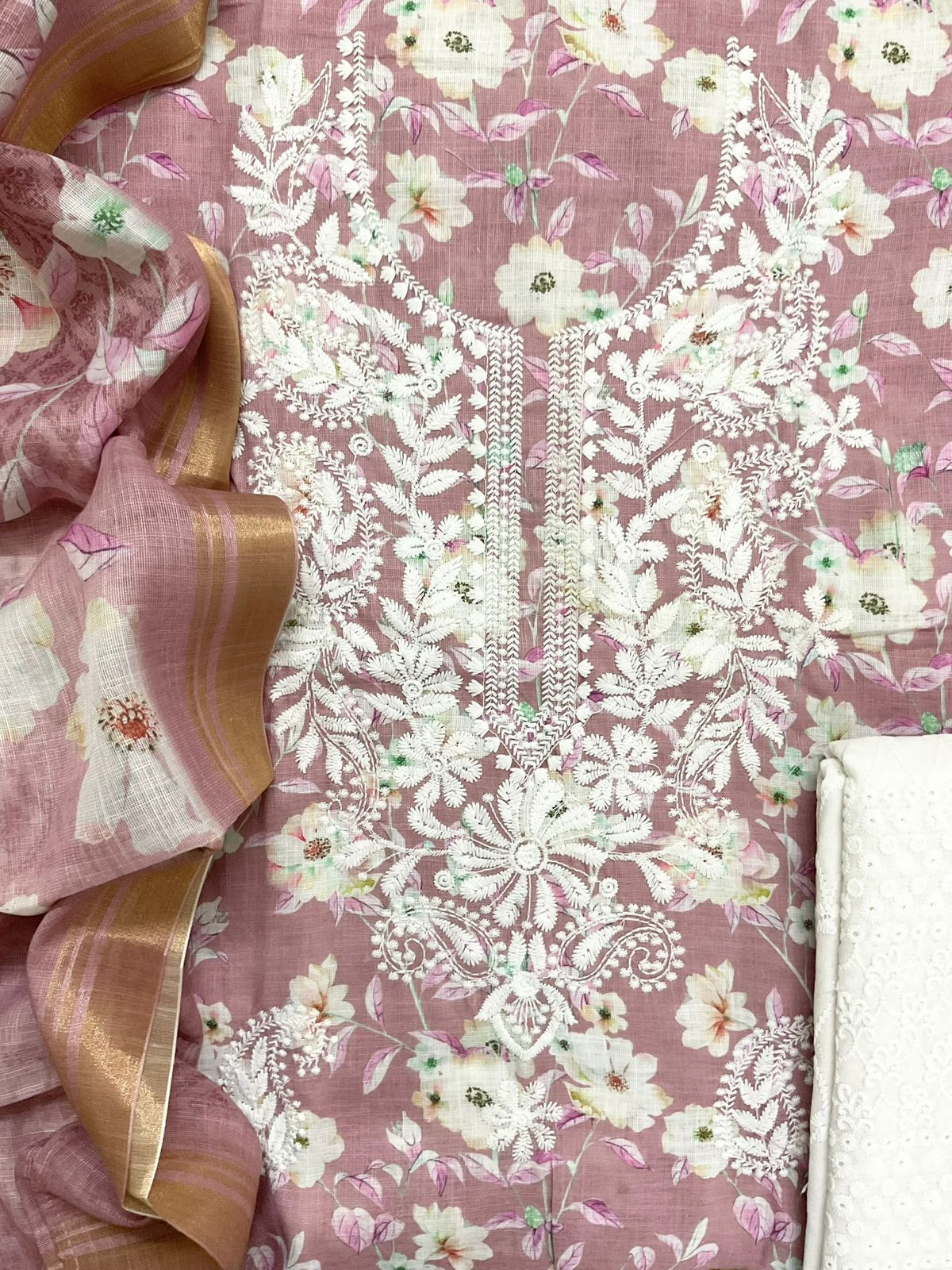 Soft Linen Jute Cotton Printed Embroidered Suit - Onion Pink