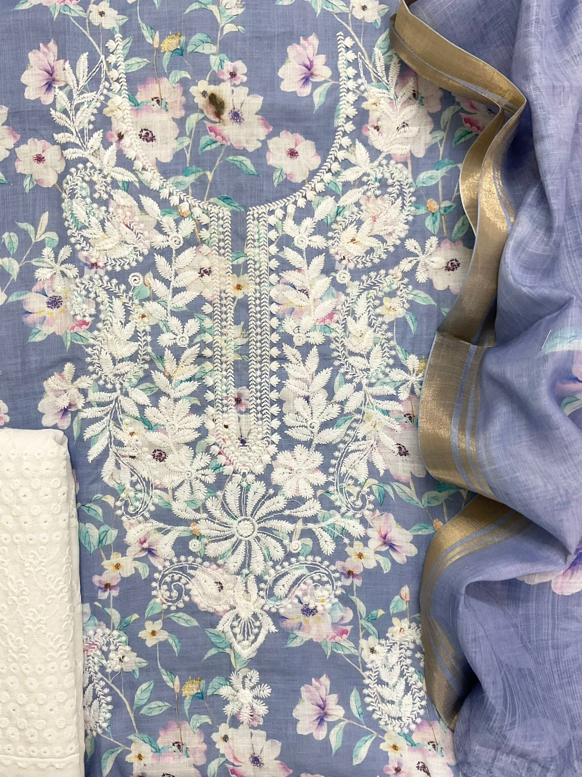 Soft Linen Jute Cotton Printed Embroidered Suit - Blue