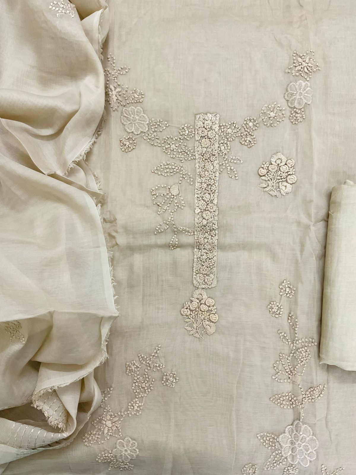 Pure Chanderi Embroidered Suit - Beige