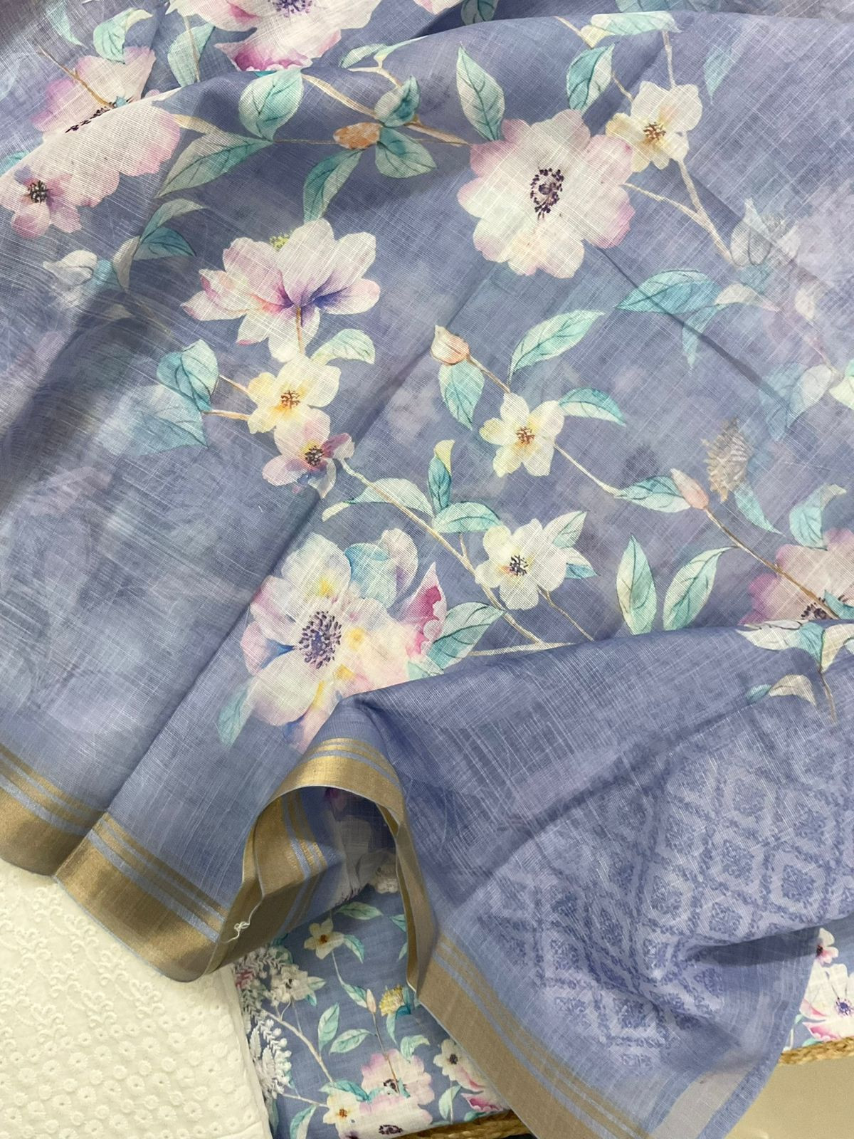 Soft Linen Jute Cotton Printed Embroidered Suit - Blue