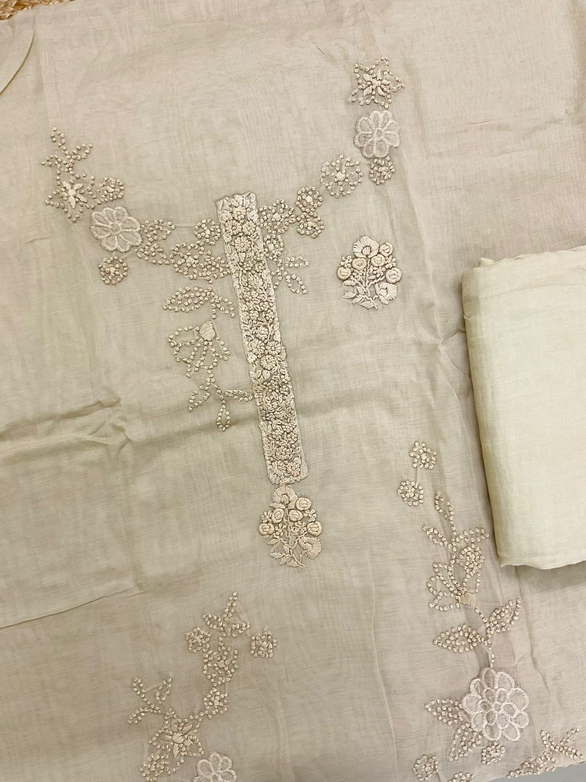 Pure Chanderi Embroidered Suit - Beige