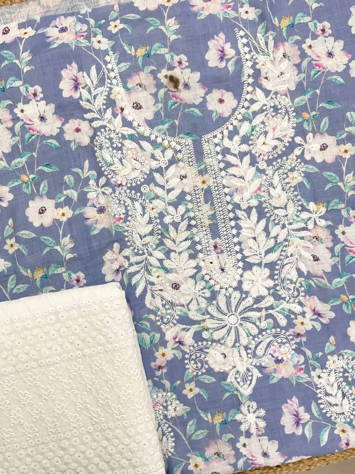 Soft Linen Jute Cotton Printed Embroidered Suit - Blue