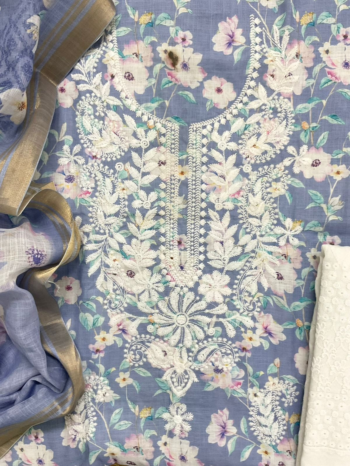 Soft Linen Jute Cotton Printed Embroidered Suit - Blue