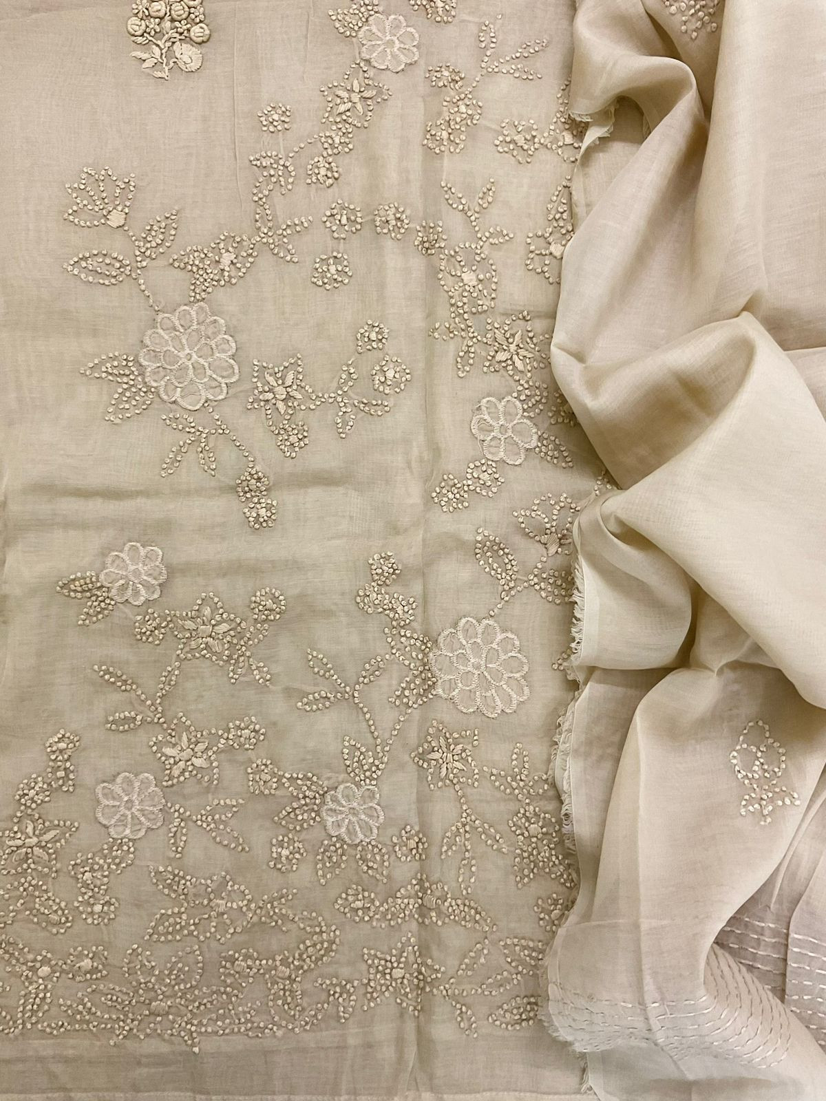 Pure Chanderi Embroidered Suit - Beige