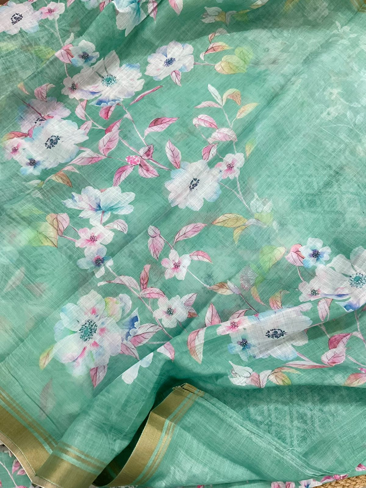 Soft Linen Jute Cotton Printed Embroidered Suit - Green