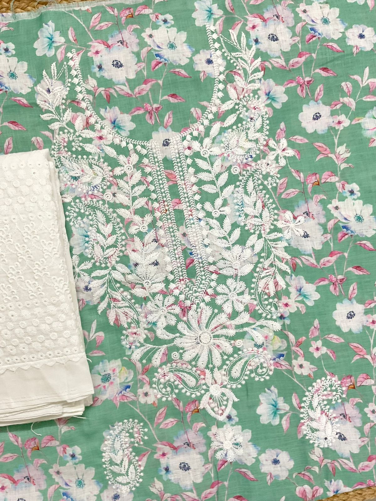 Soft Linen Jute Cotton Printed Embroidered Suit - Green