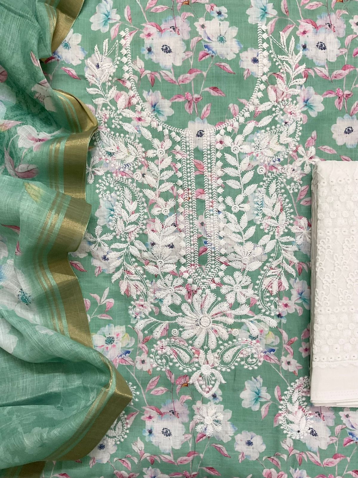 Soft Linen Jute Cotton Printed Embroidered Suit - Green