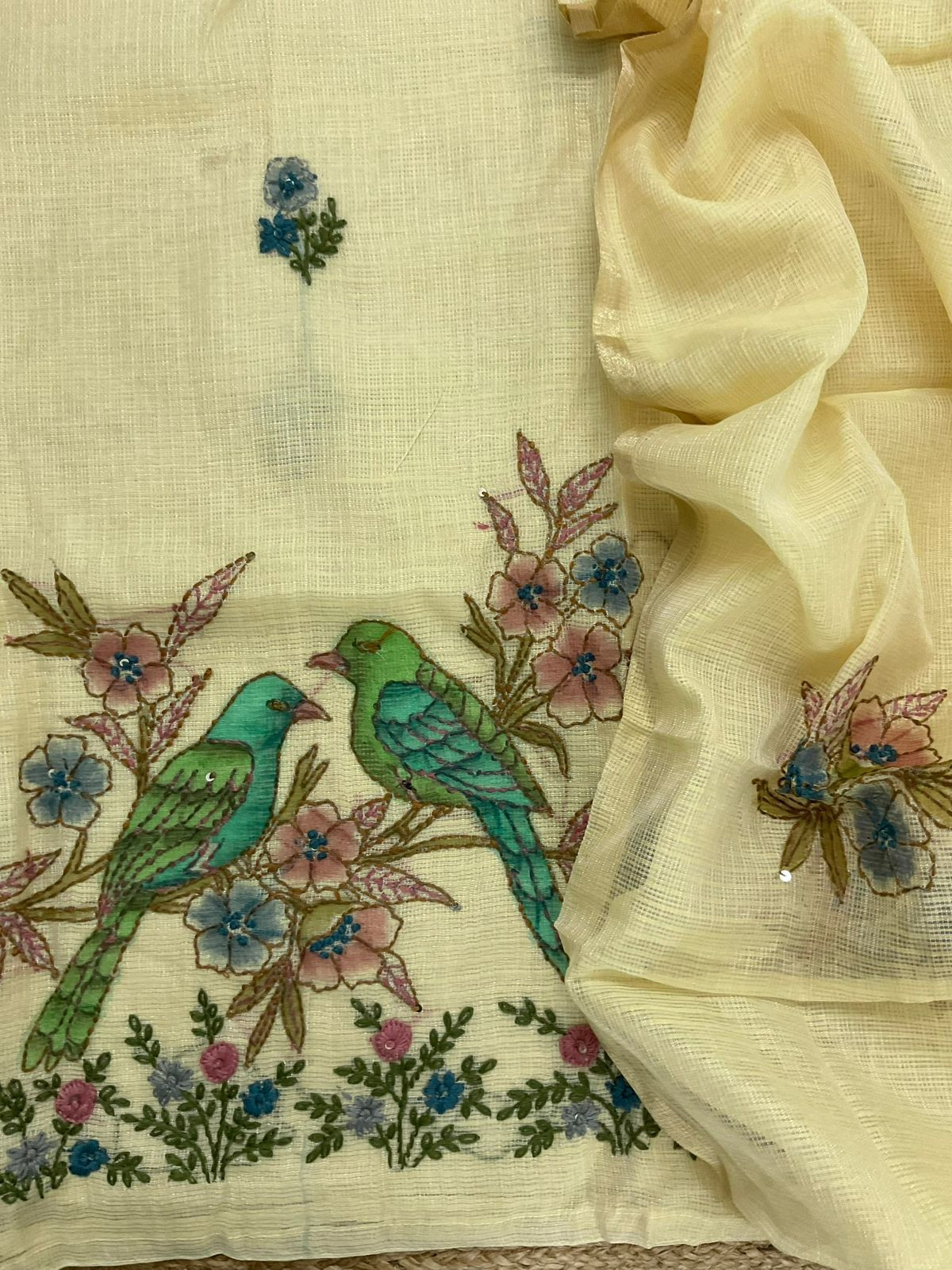 Soft Tissue Kota Silk Printed Embroidered Suit - Yellow