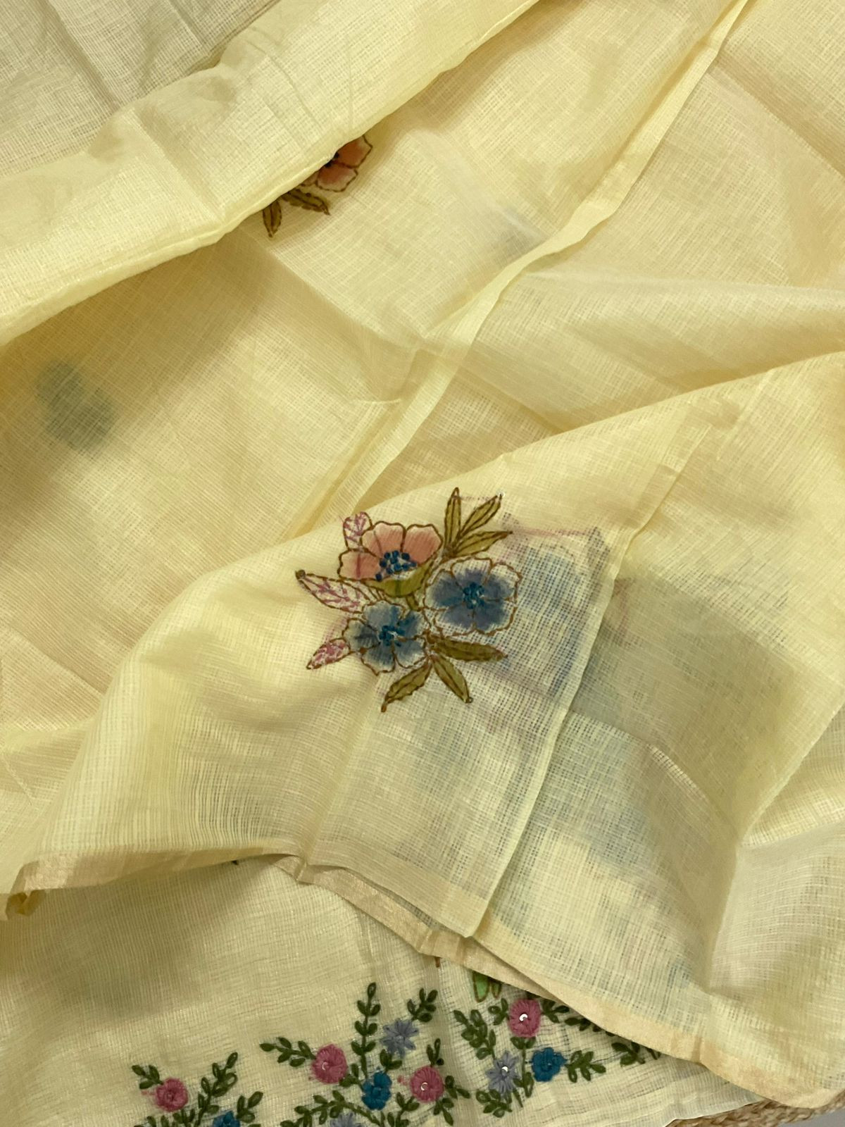 Soft Tissue Kota Silk Printed Embroidered Suit - Yellow