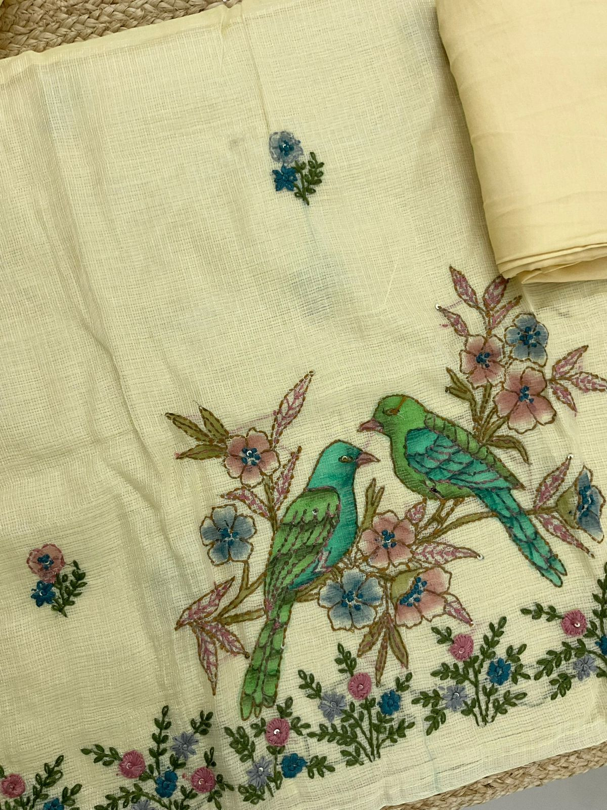 Soft Tissue Kota Silk Printed Embroidered Suit - Yellow