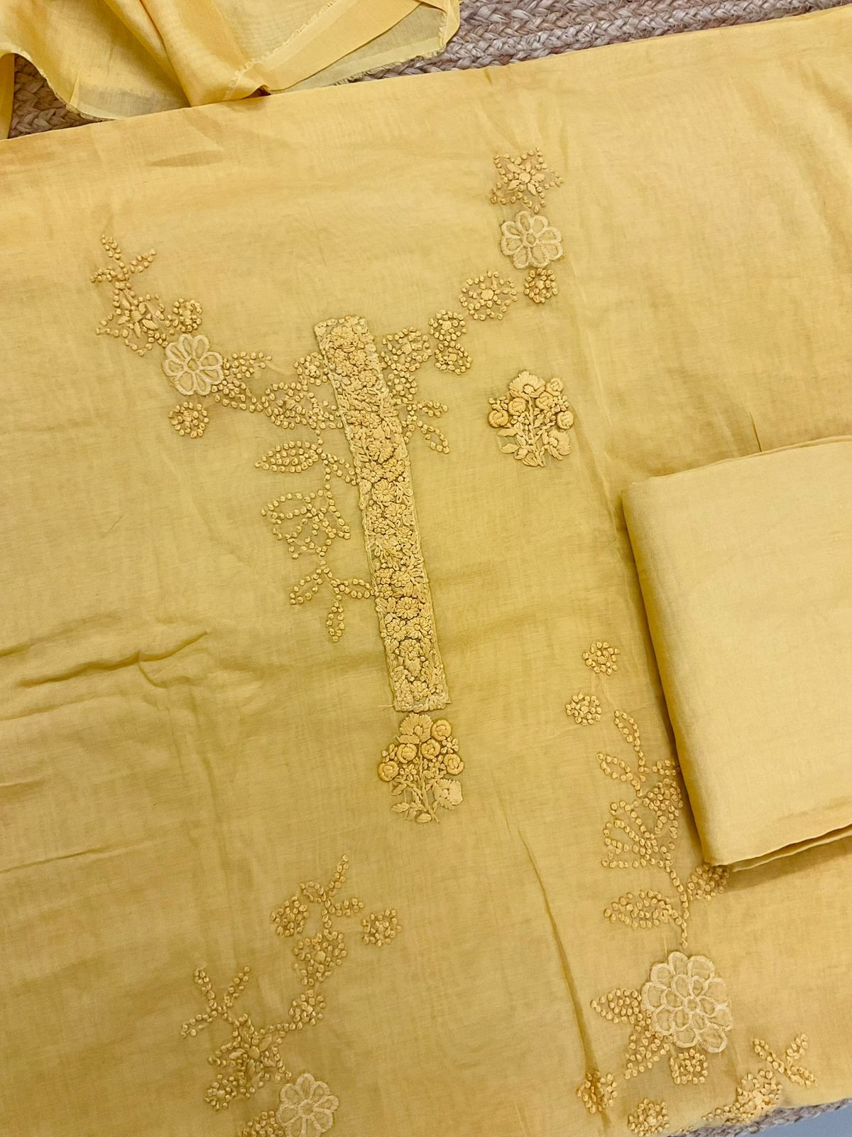 Pure Chanderi Embroidered Suit - Yellow