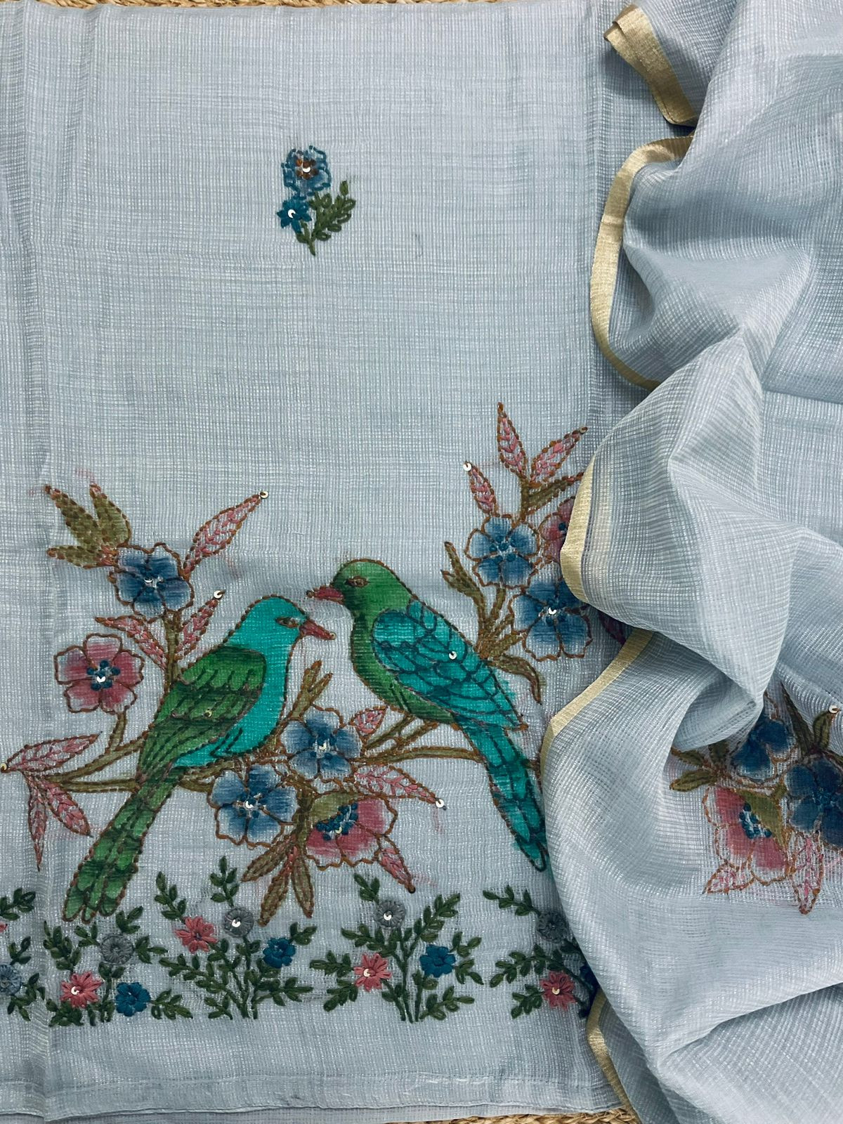 Soft Tissue Kota Silk Printed Embroidered Suit - Grey