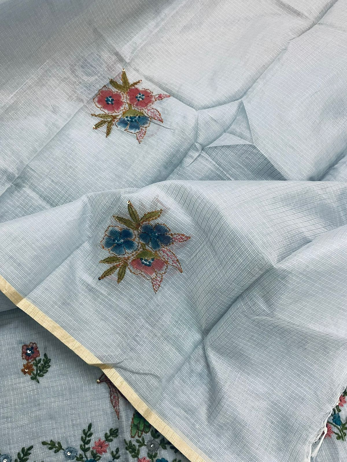 Soft Tissue Kota Silk Printed Embroidered Suit - Grey