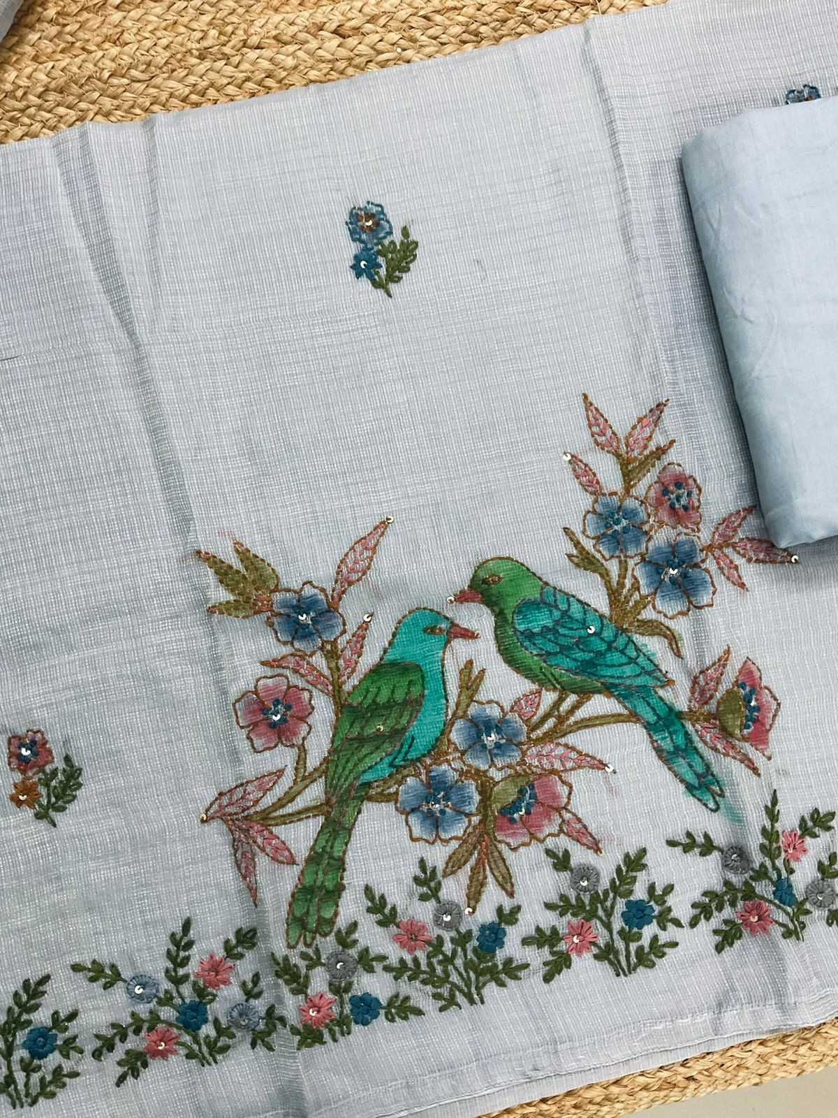 Soft Tissue Kota Silk Printed Embroidered Suit - Grey