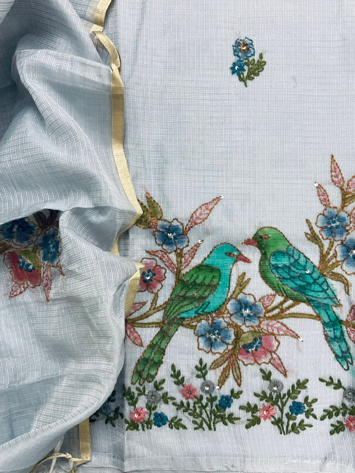 Soft Tissue Kota Silk Printed Embroidered Suit - Grey