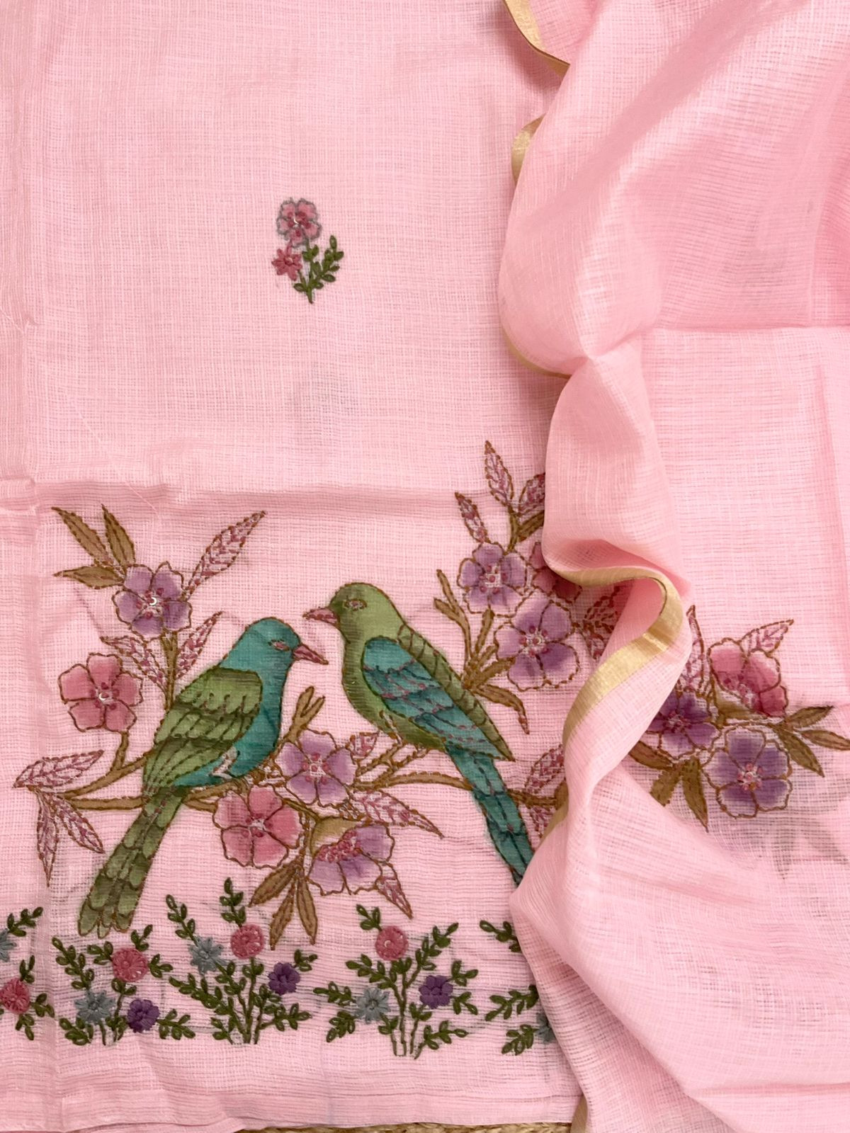 Soft Tissue Kota Silk Printed Embroidered Suit - Pink