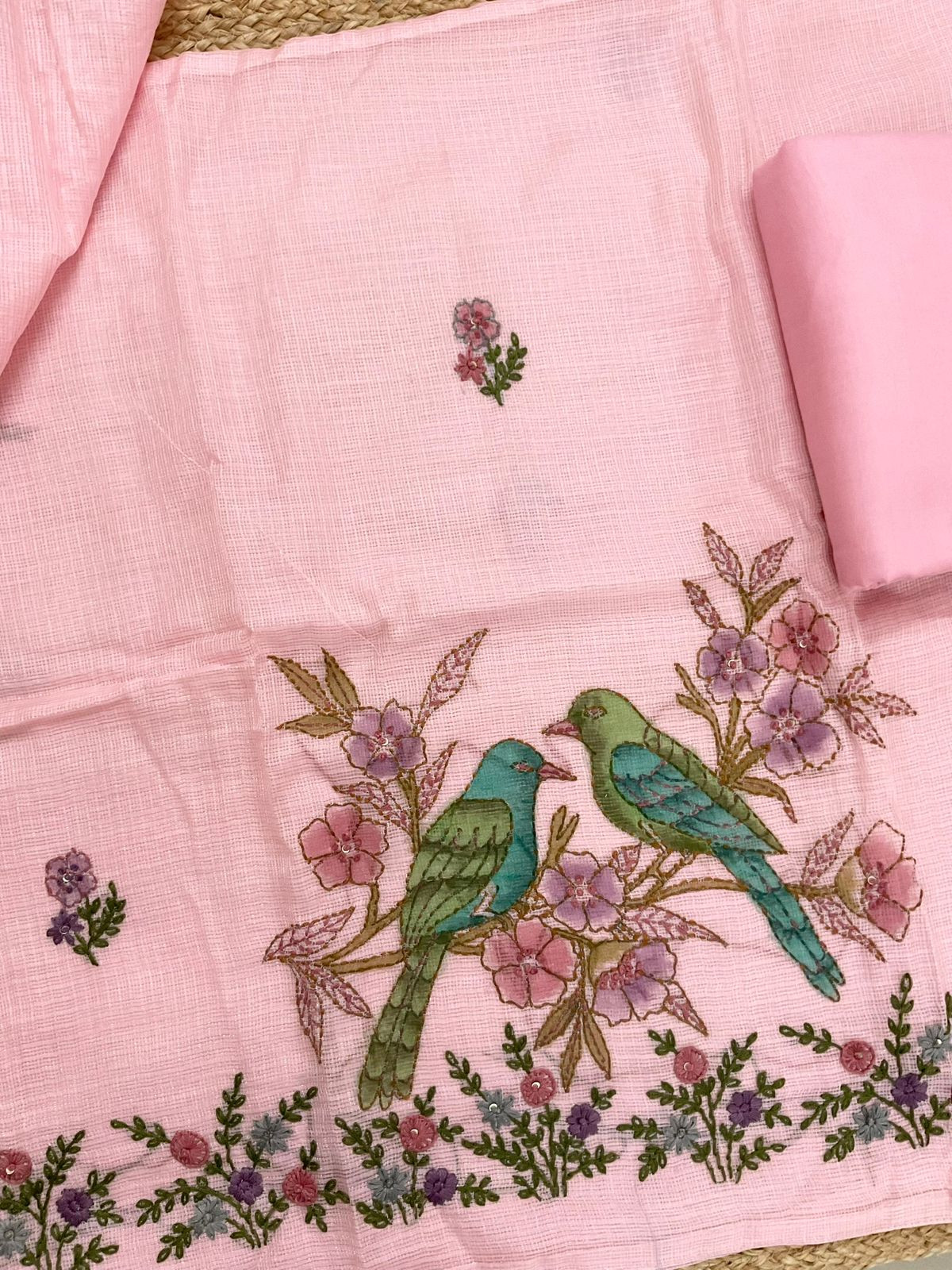 Soft Tissue Kota Silk Printed Embroidered Suit - Pink