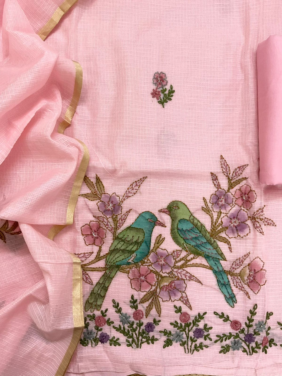 Soft Tissue Kota Silk Printed Embroidered Suit - Pink