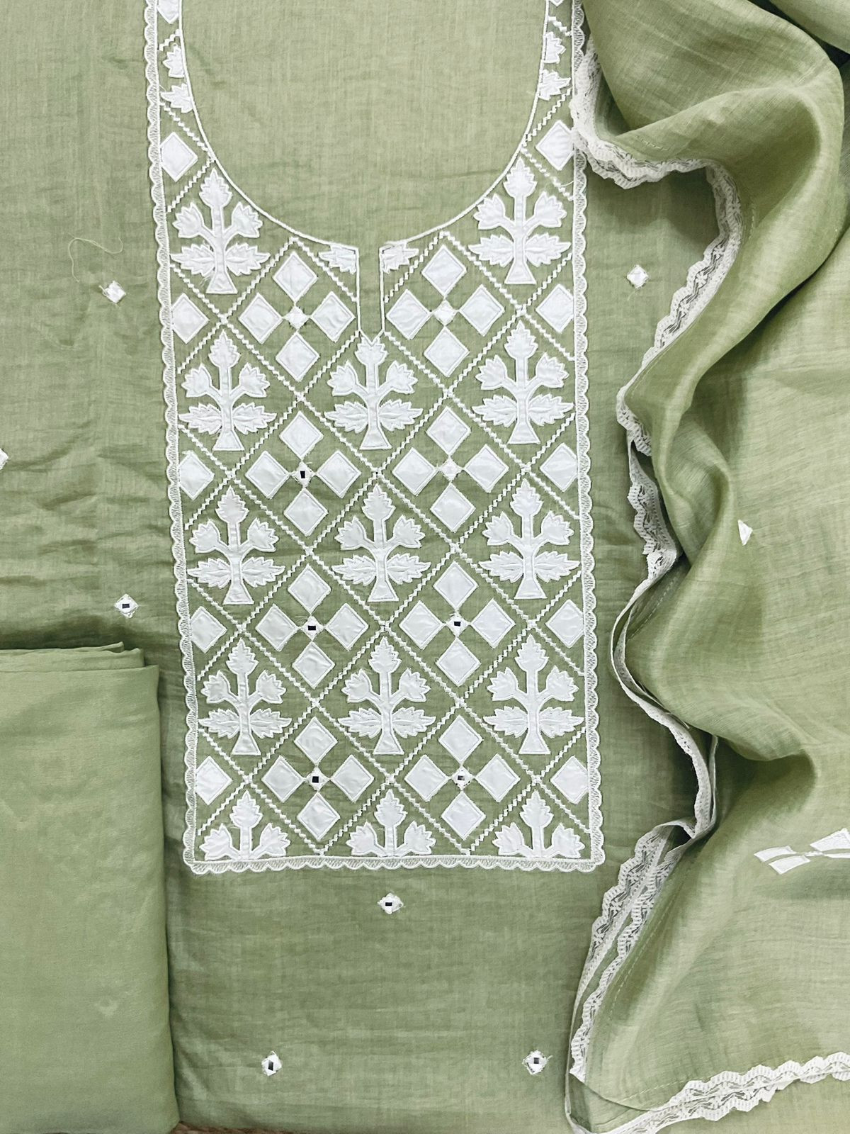 Pure Mul Chanderi Embroidered Suit - Green