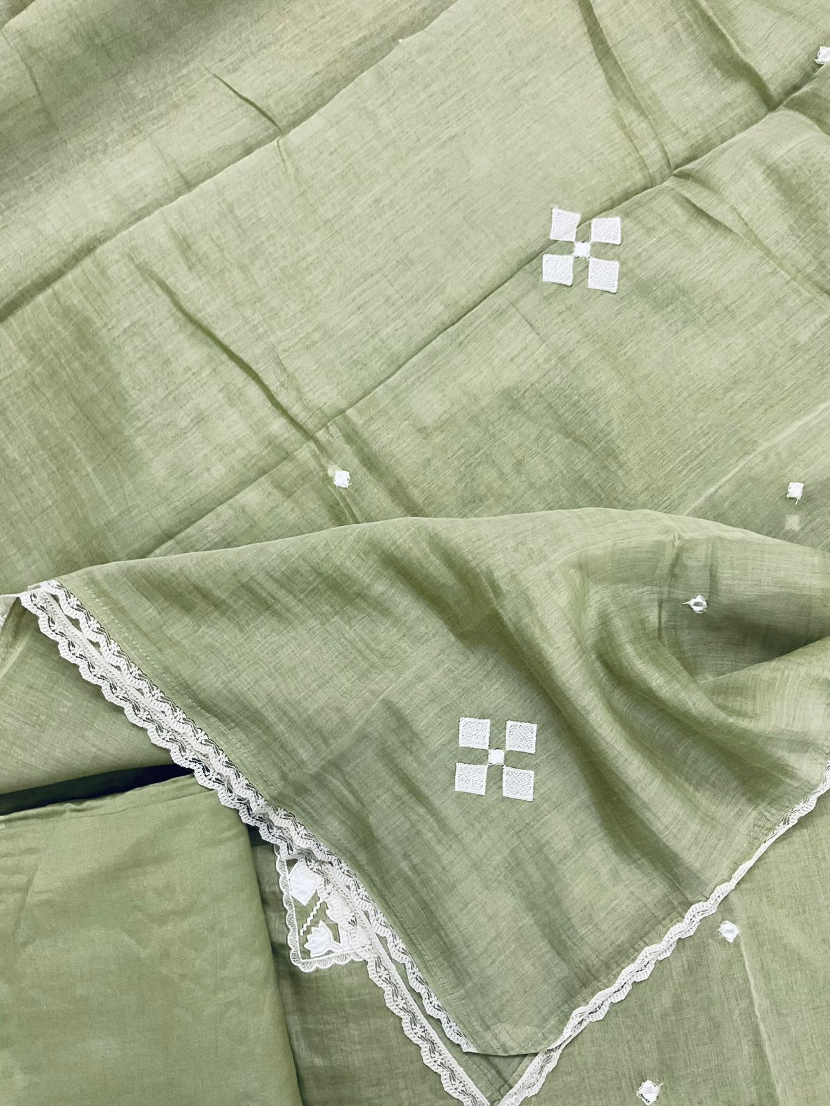 Pure Mul Chanderi Embroidered Suit - Green