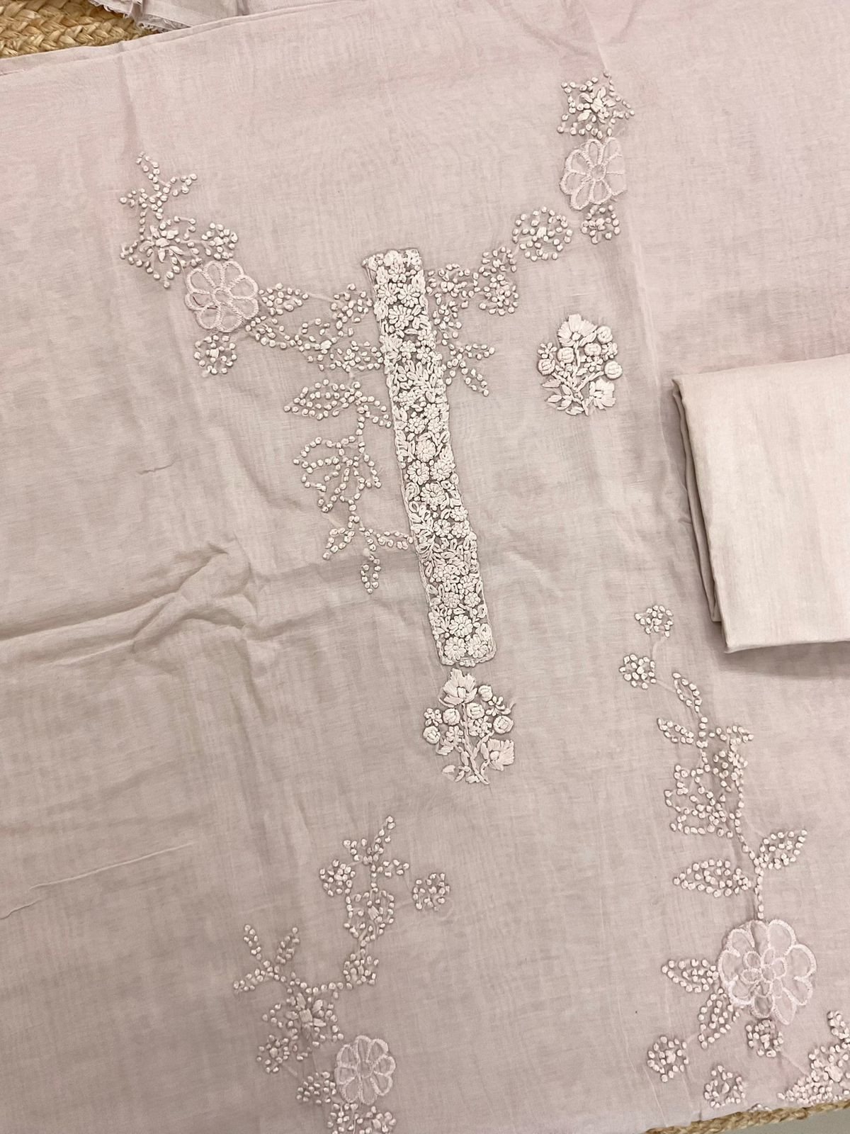Pure Chanderi Embroidered Suit - Beige