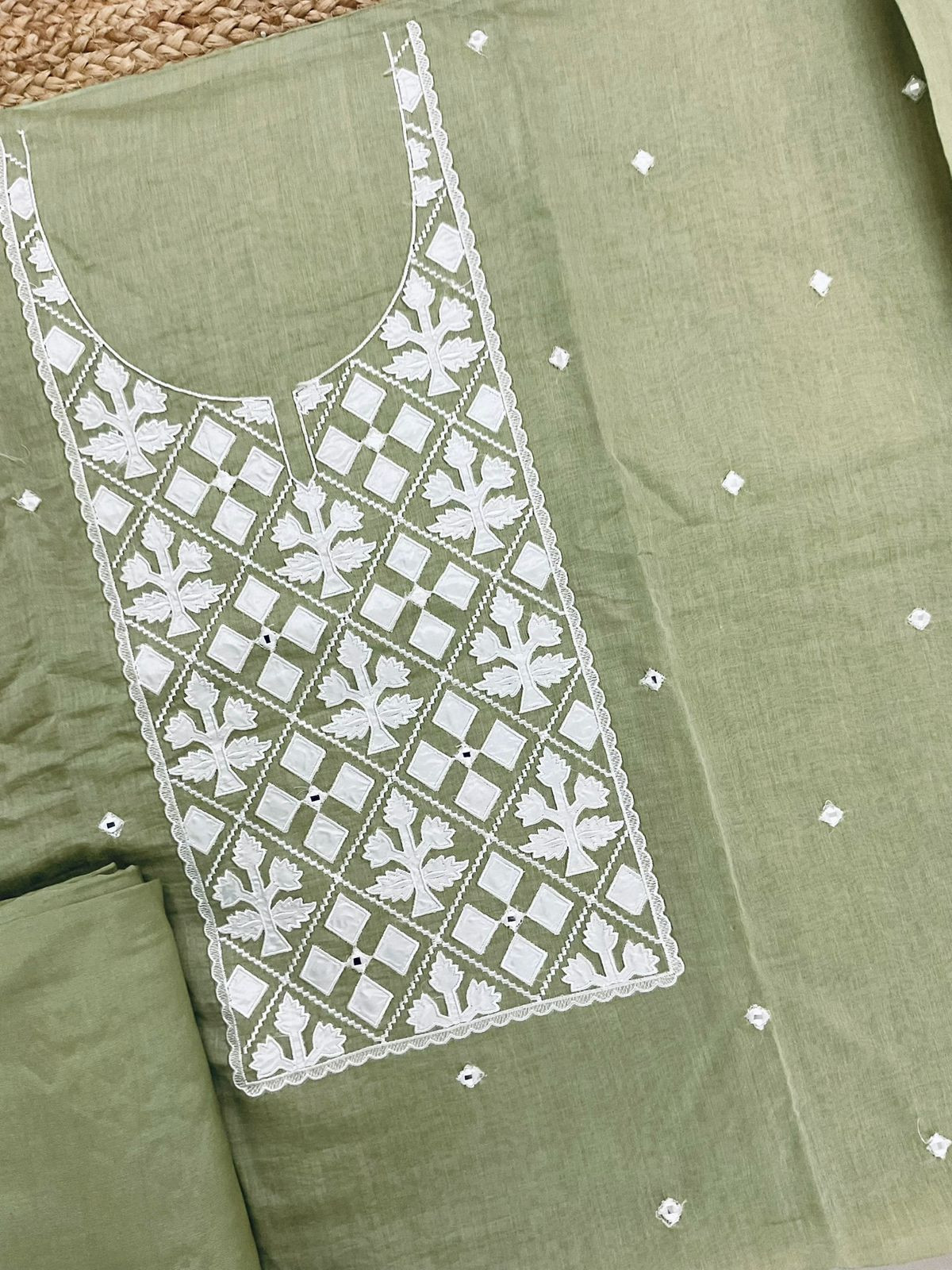 Pure Mul Chanderi Embroidered Suit - Green