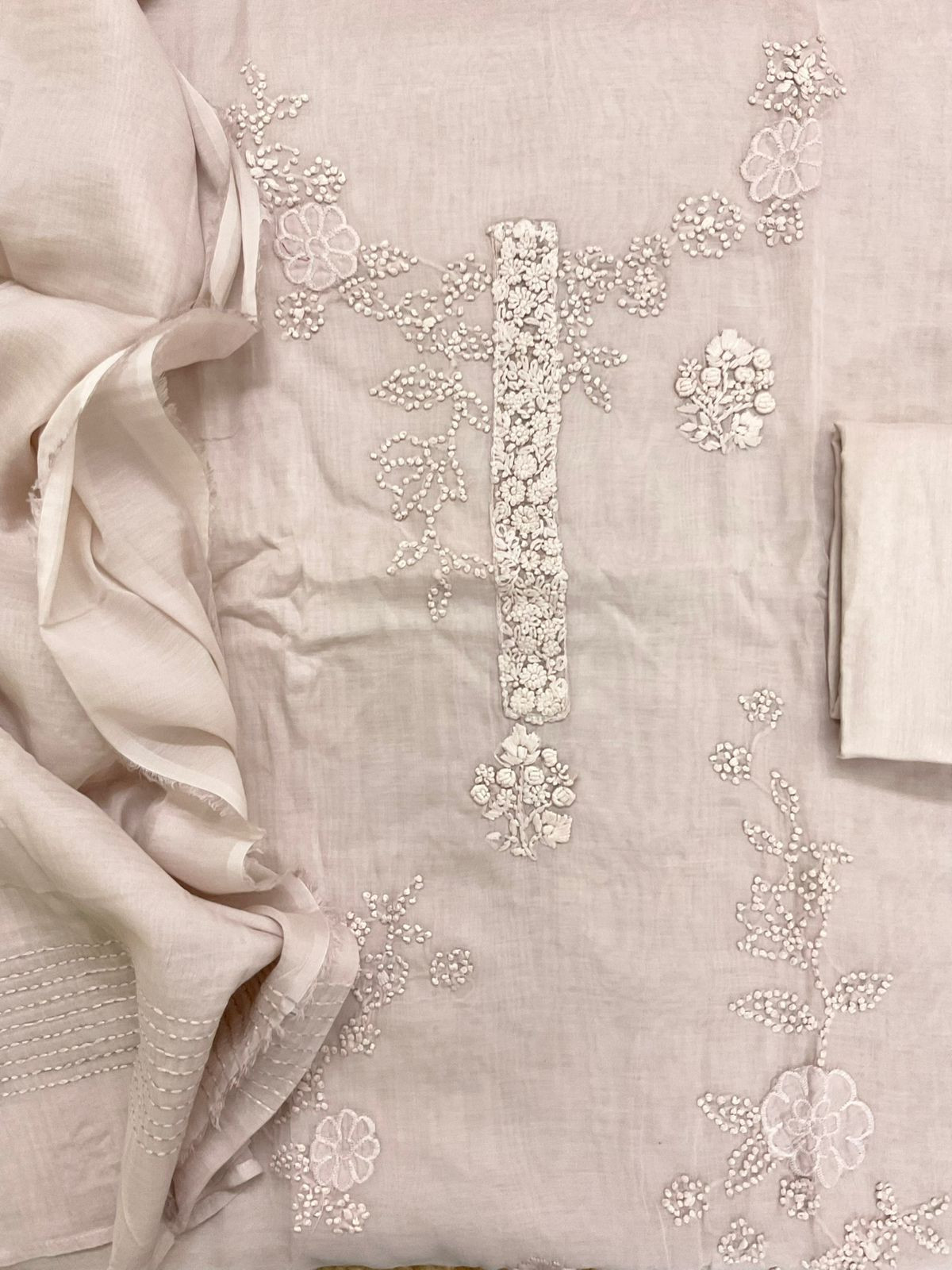 Pure Chanderi Embroidered Suit - Beige