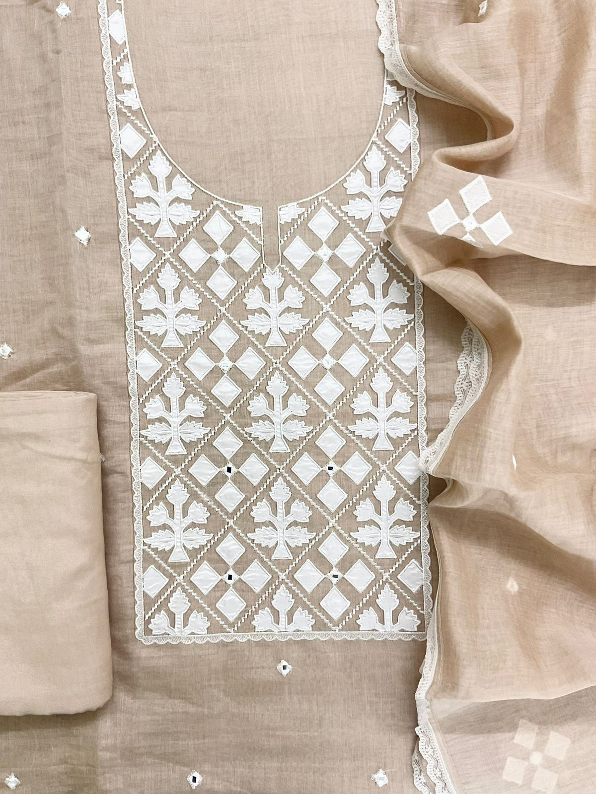Pure Mul Chanderi Embroidered Suit - Beige