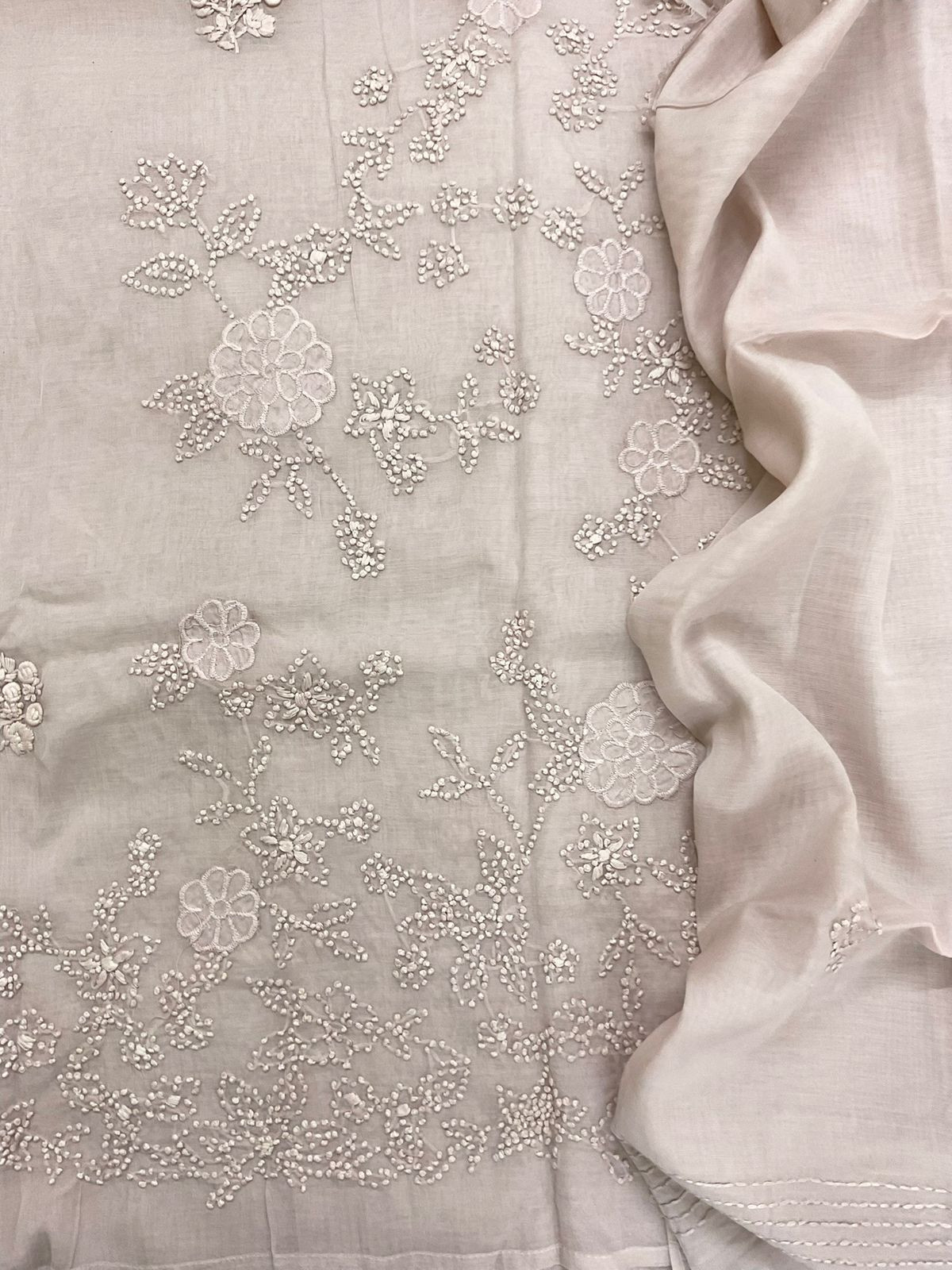 Pure Chanderi Embroidered Suit - Beige