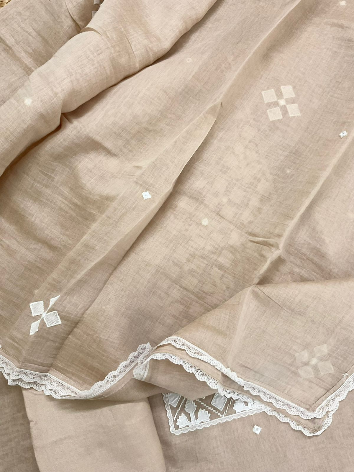 Pure Mul Chanderi Embroidered Suit - Beige