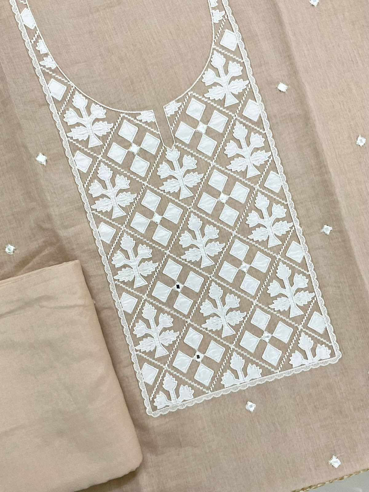 Pure Mul Chanderi Embroidered Suit - Beige