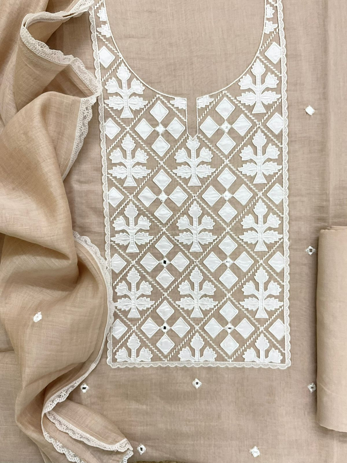 Pure Mul Chanderi Embroidered Suit - Beige