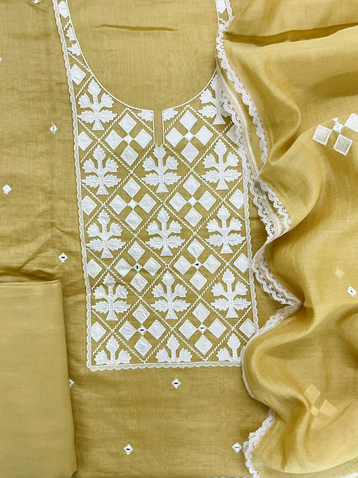Pure Mul Chanderi Embroidered Suit - Yellow
