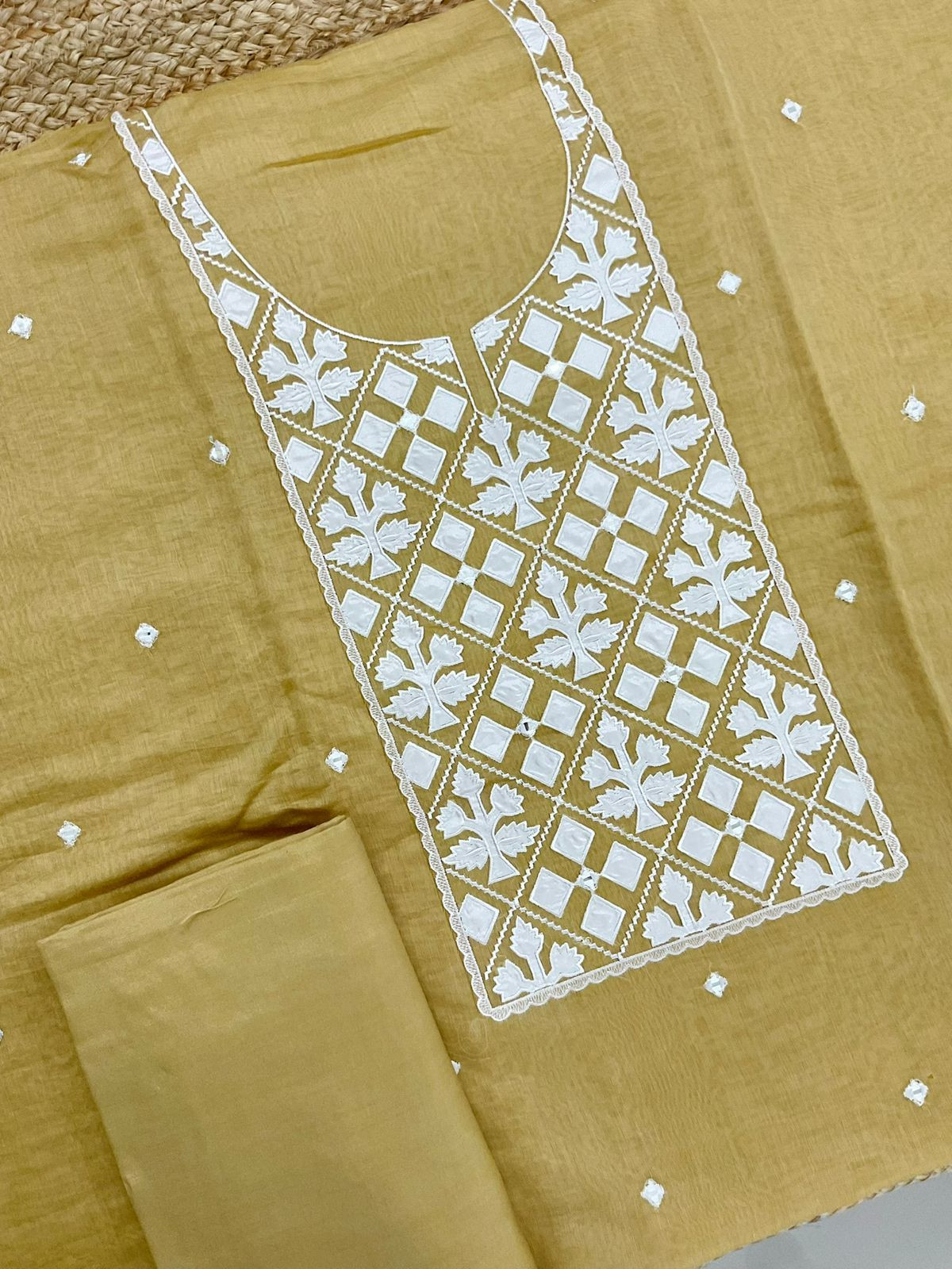 Pure Mul Chanderi Embroidered Suit - Yellow