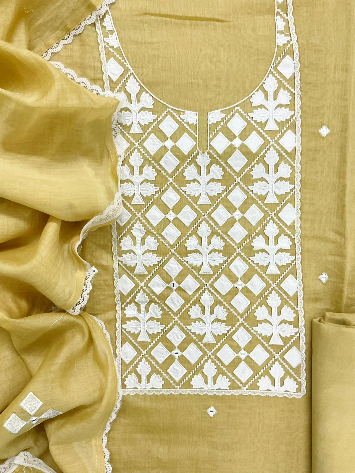 Pure Mul Chanderi Embroidered Suit - Yellow
