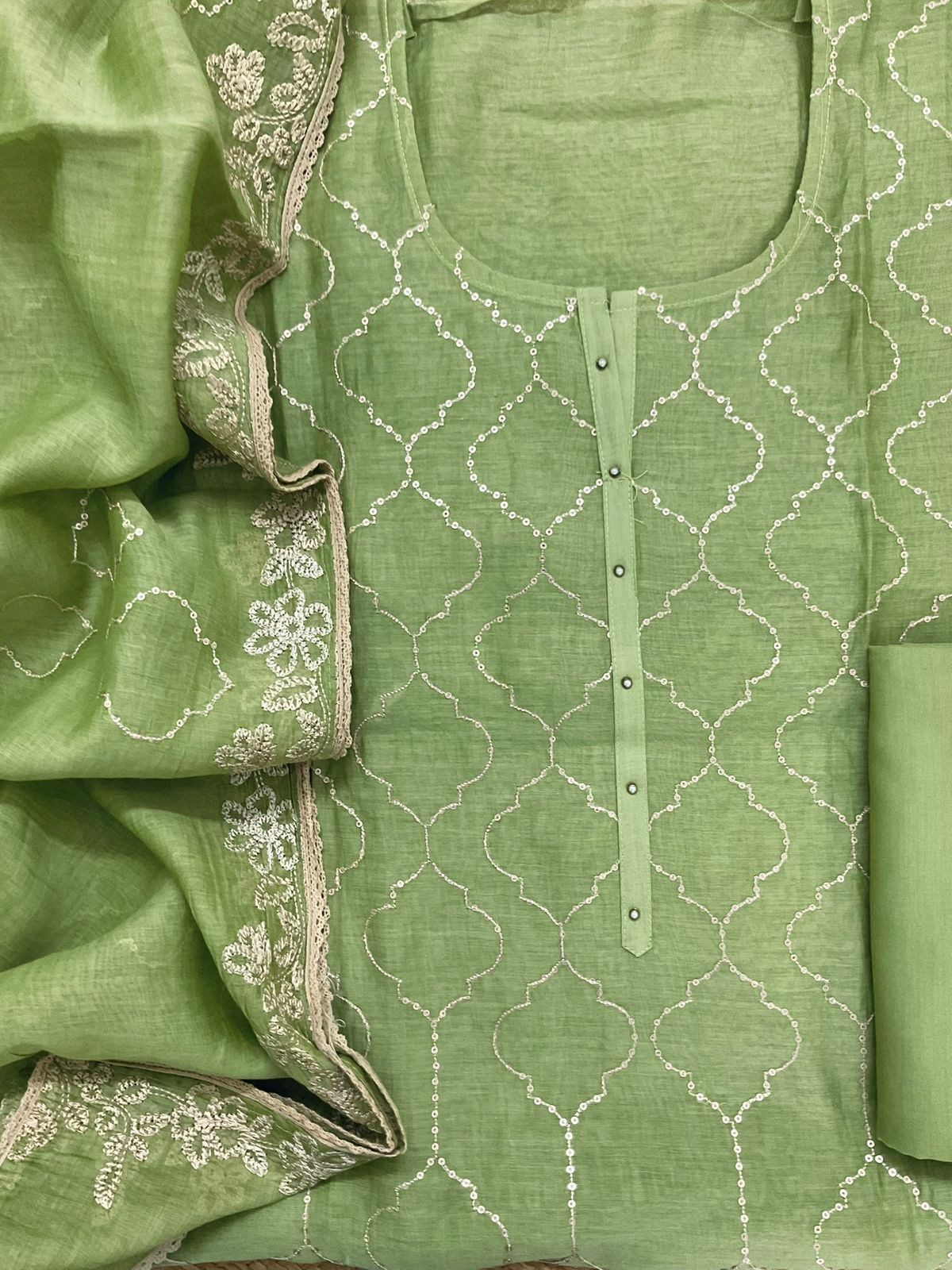 Pure Mul Chanderi Embroidered Suit - Green