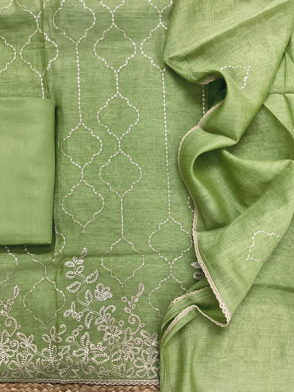 Pure Mul Chanderi Embroidered Suit - Green