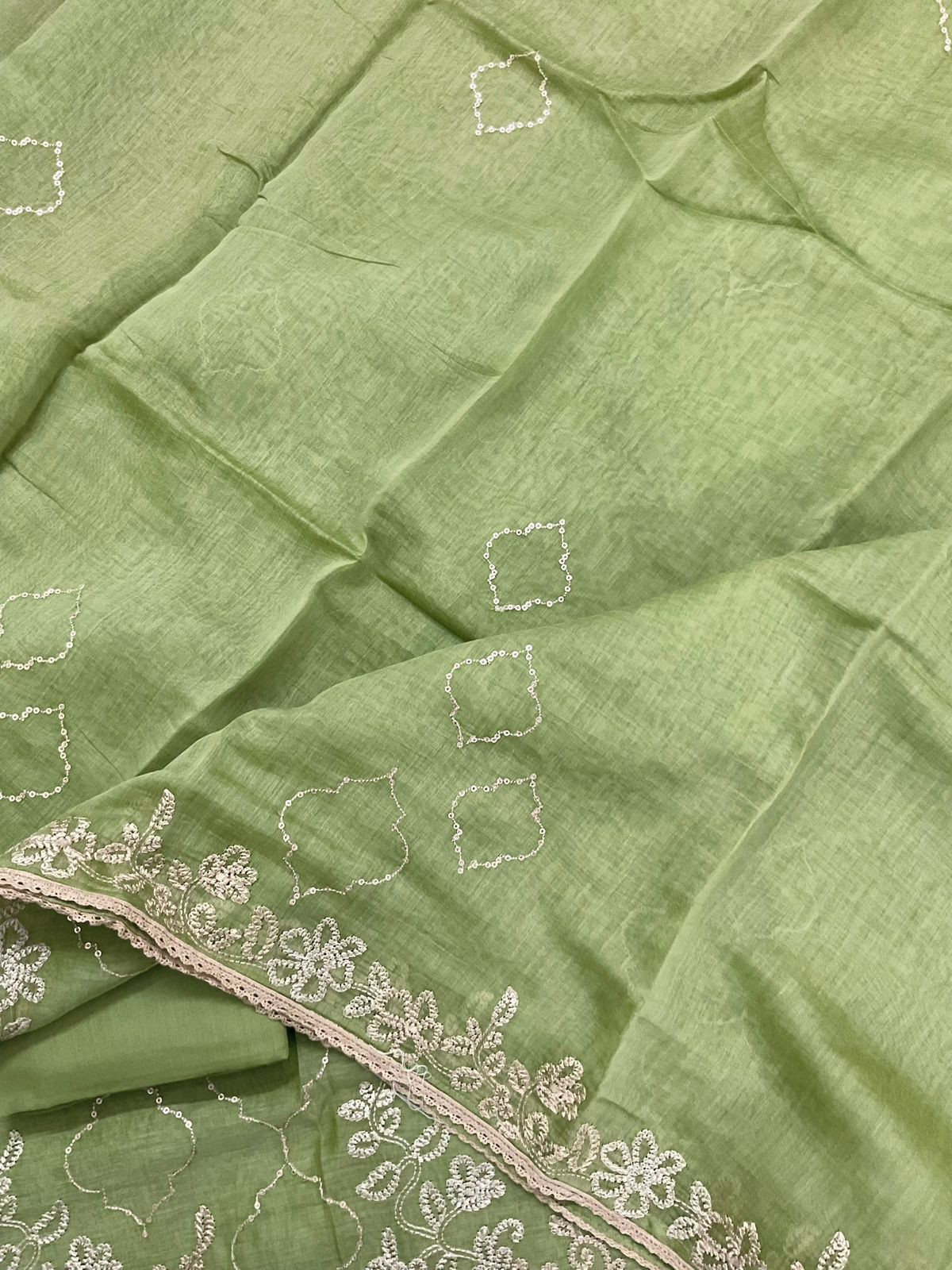 Pure Mul Chanderi Embroidered Suit - Green