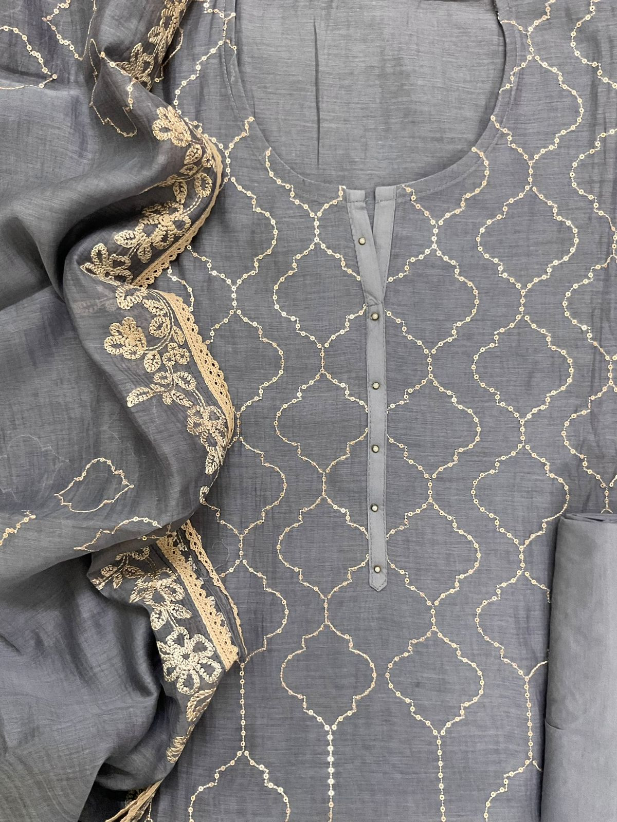 Pure Mul Chanderi Embroidered Suit - Bluish Grey