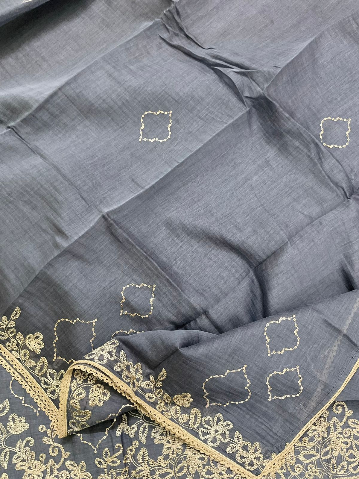 Pure Mul Chanderi Embroidered Suit - Bluish Grey
