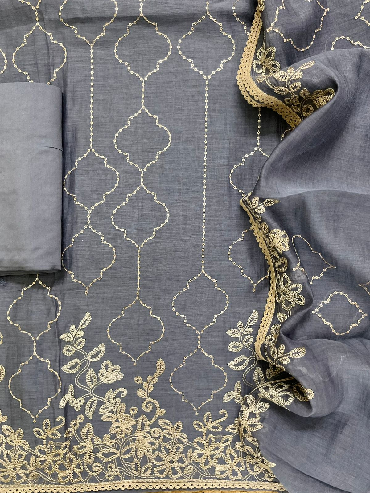 Pure Mul Chanderi Embroidered Suit - Bluish Grey