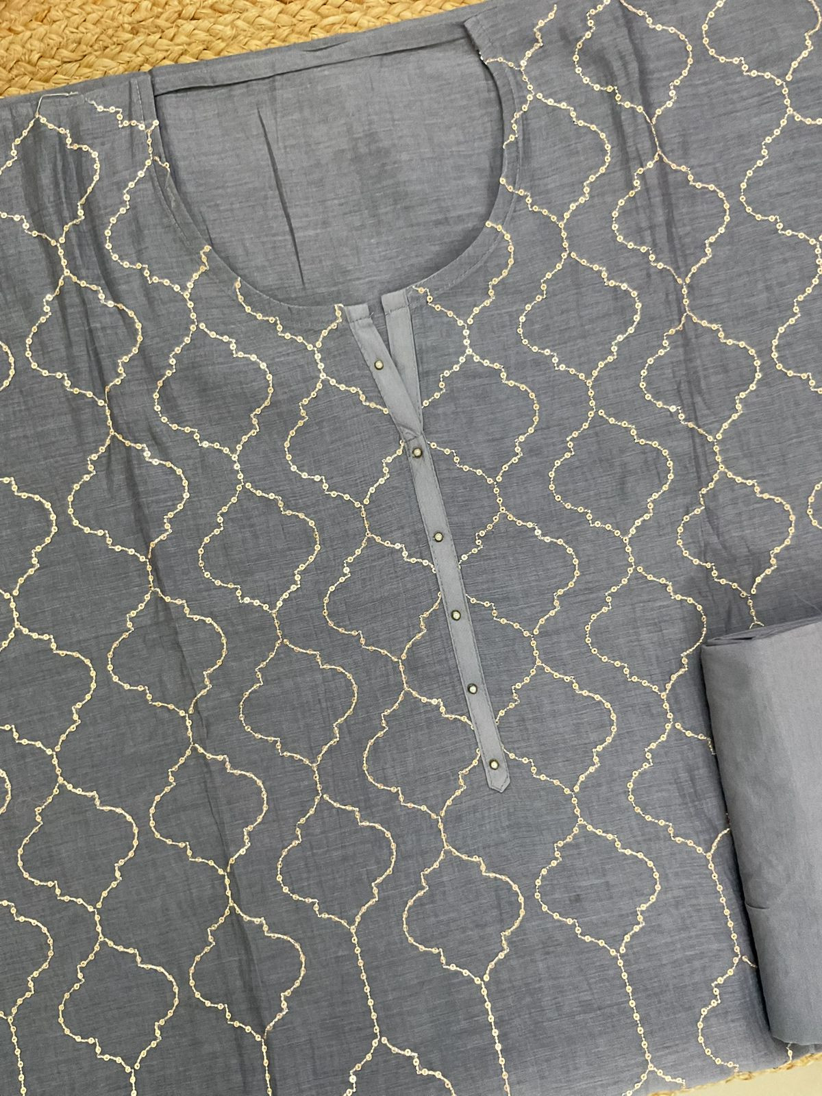 Pure Mul Chanderi Embroidered Suit - Bluish Grey