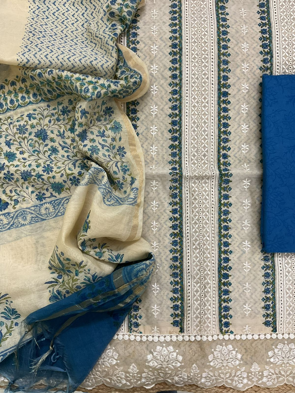 Pure Chanderi Printed Embroidered Suit - Beige