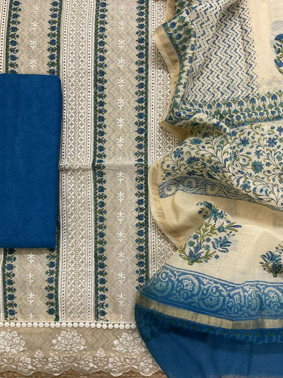 Pure Chanderi Printed Embroidered Suit - Beige
