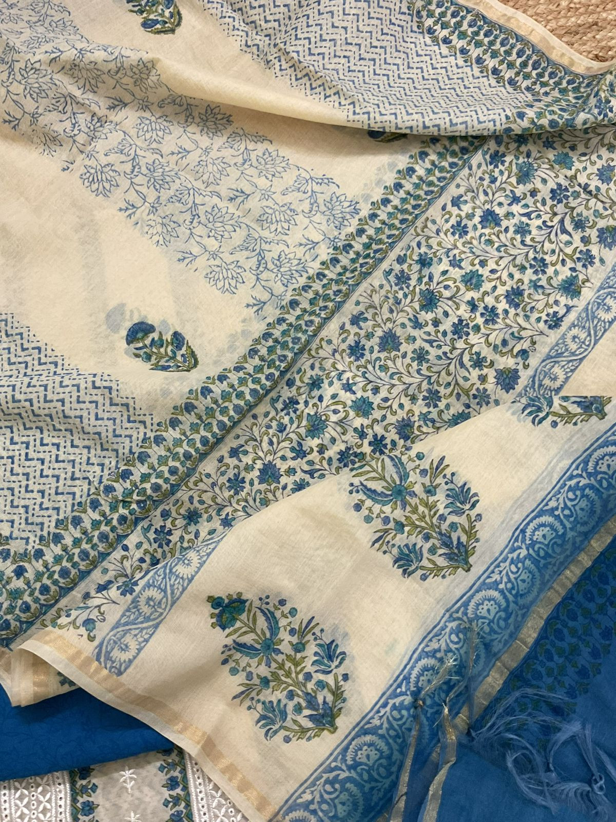 Pure Chanderi Printed Embroidered Suit - Beige