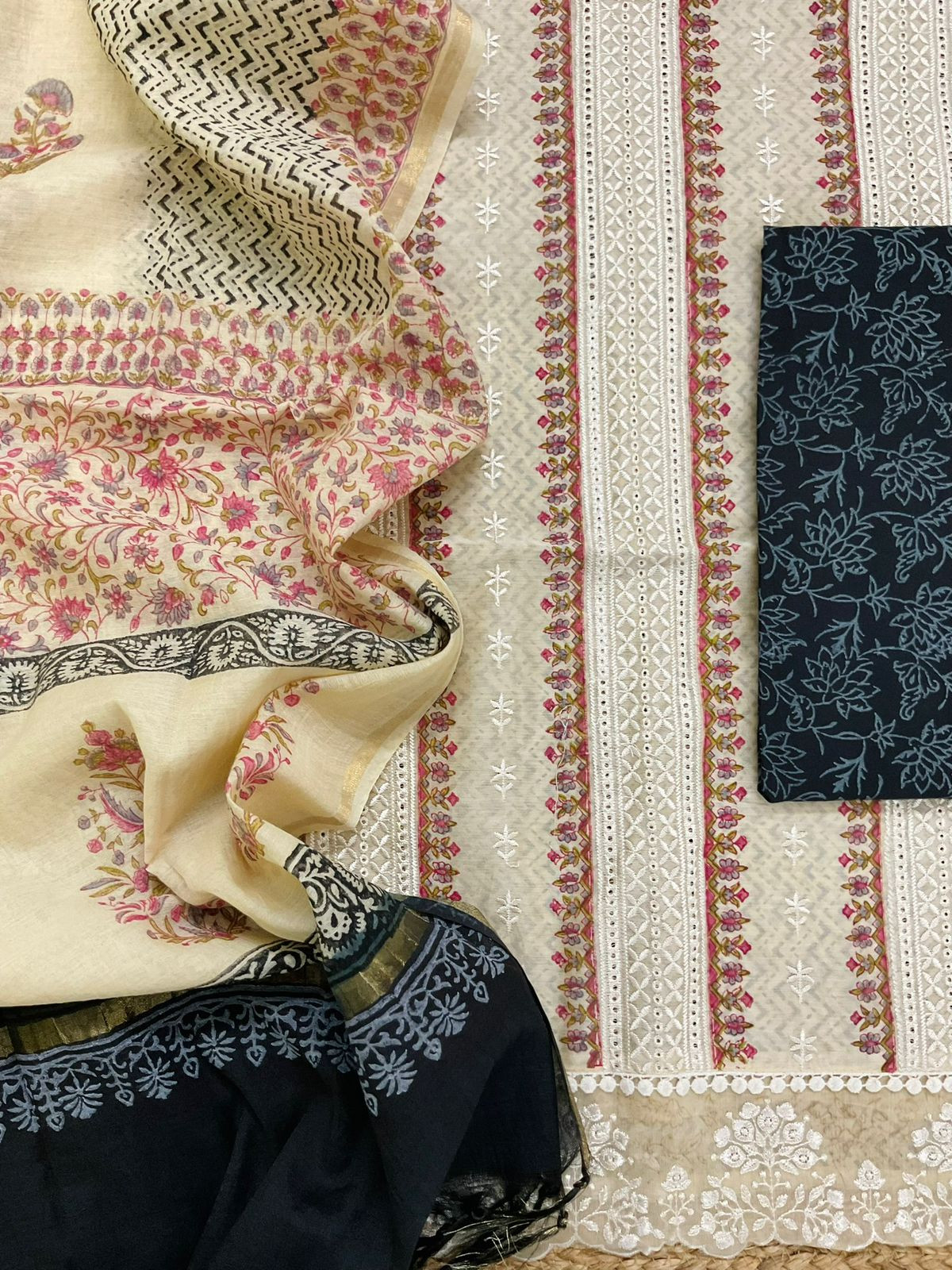 Pure Chanderi Printed Embroidered Suit - Beige