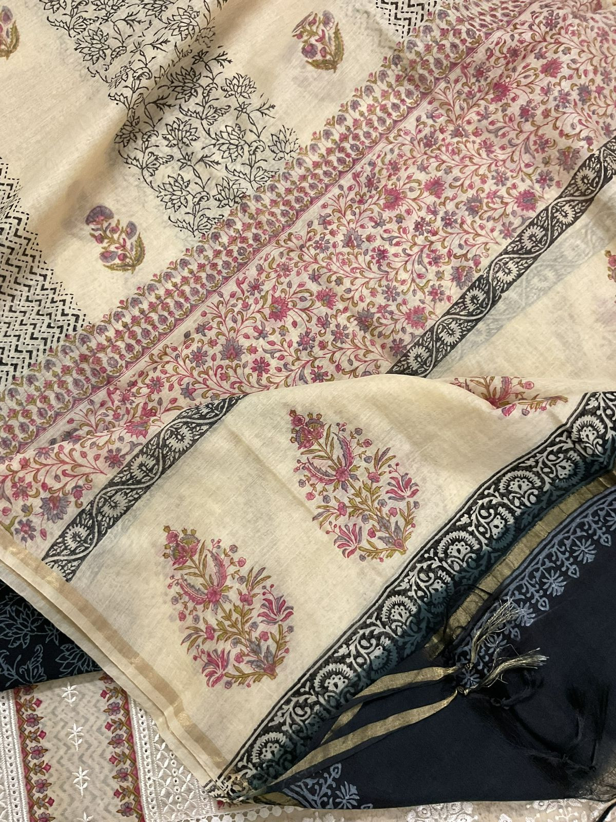 Pure Chanderi Printed Embroidered Suit - Beige