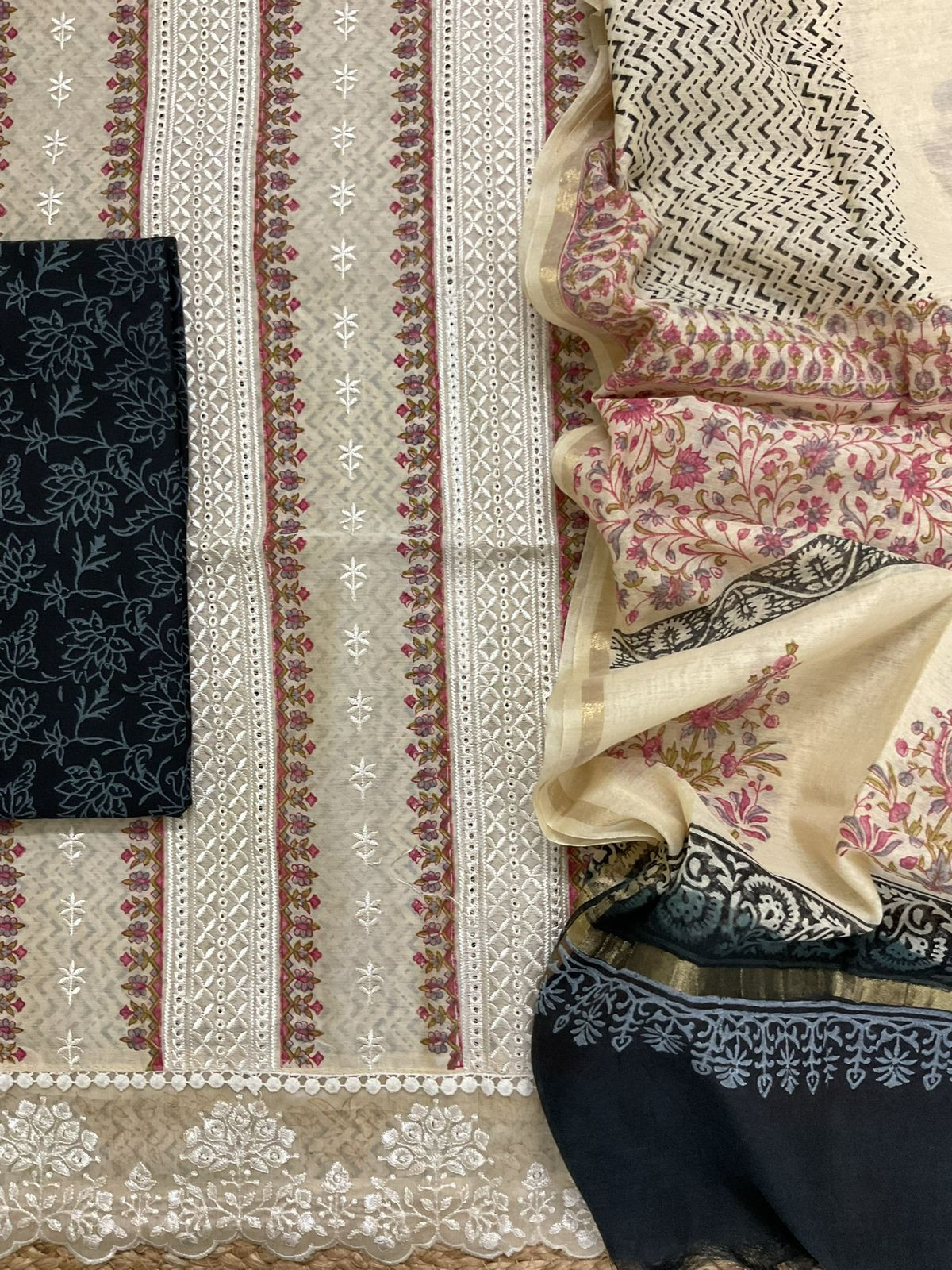 Pure Chanderi Printed Embroidered Suit - Beige