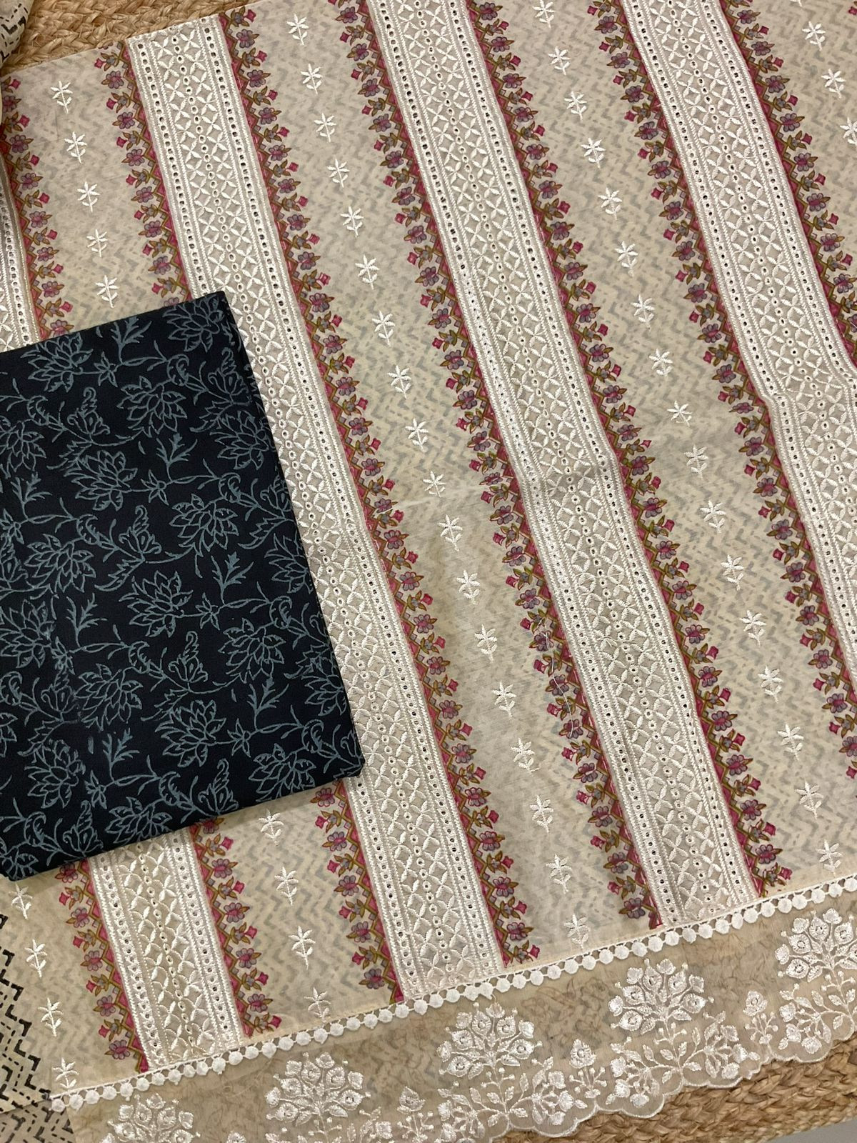 Pure Chanderi Printed Embroidered Suit - Beige